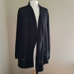 Long Mesh Open Front Black Cardigan